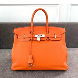 Hermes Birkin 35 Orange Clemente leather tote bag authentic silver hardware